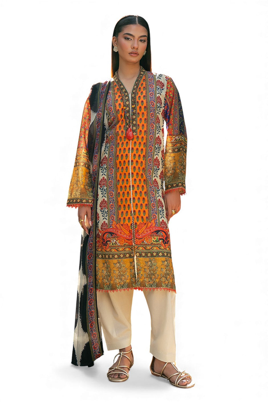 3 Piece Printed Lawn Suit with Chiffon Dupatta