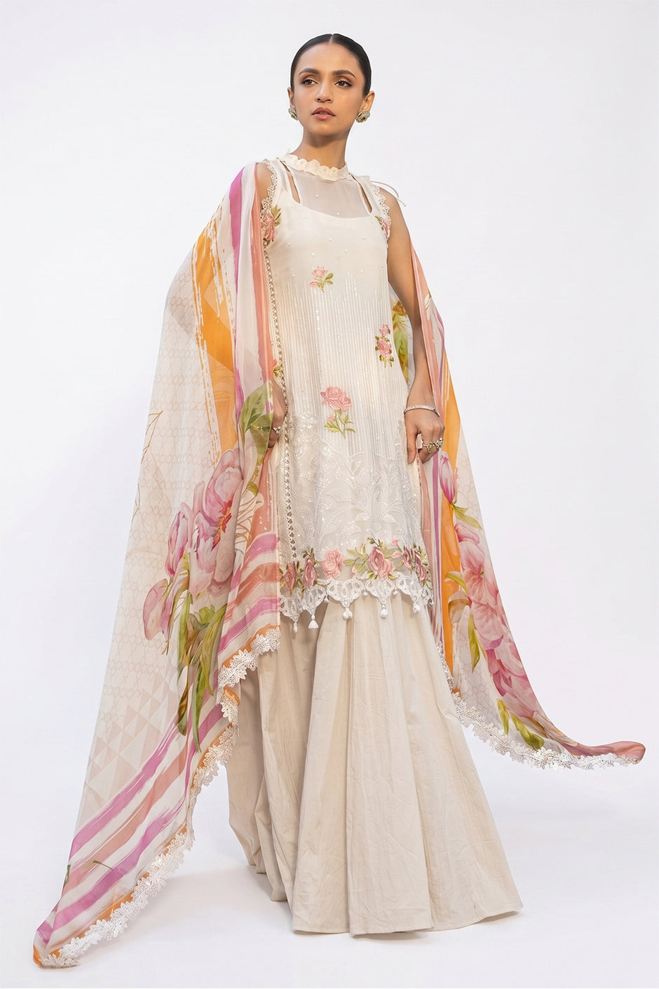 3 Piece Sequins Embroidered Chiffon Suit with Inner and Sequins Embroidered Organza Details and Printed Chiffon Dupatta