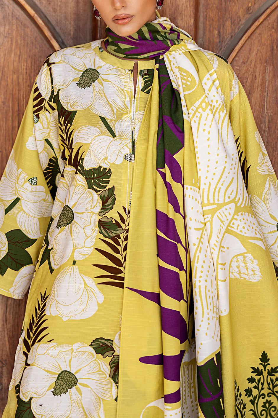 3 Piece Printed Corduroy Suit with Dupatta