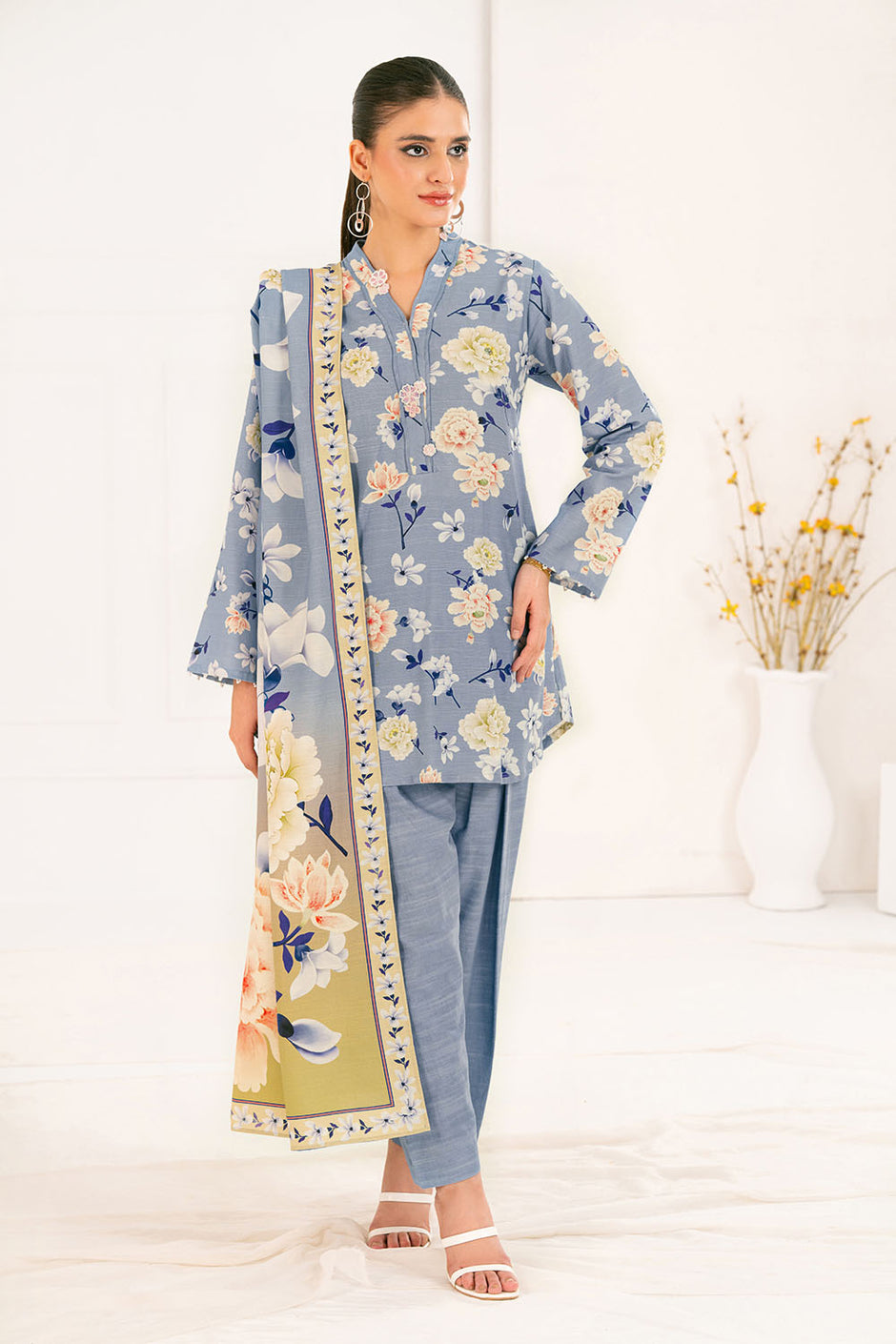 3 Piece Printed Corduroy Suit with Dupatta