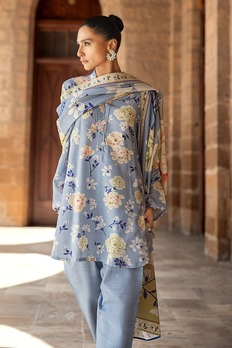 3 Piece Printed Corduroy Suit with Dupatta