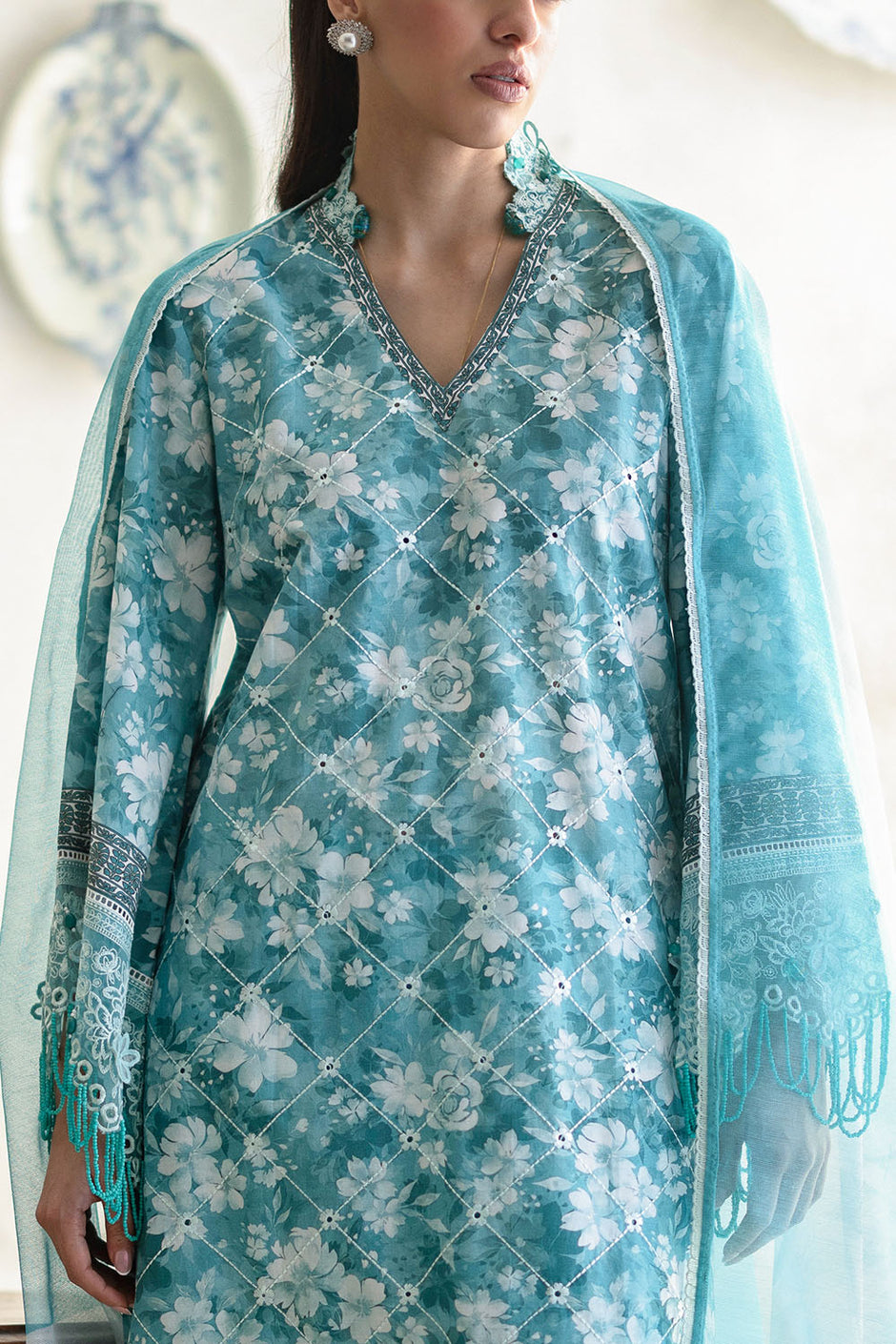 3 Piece Embroidered Printed Lawn Suit with Cotton Net Dupatta and Borders