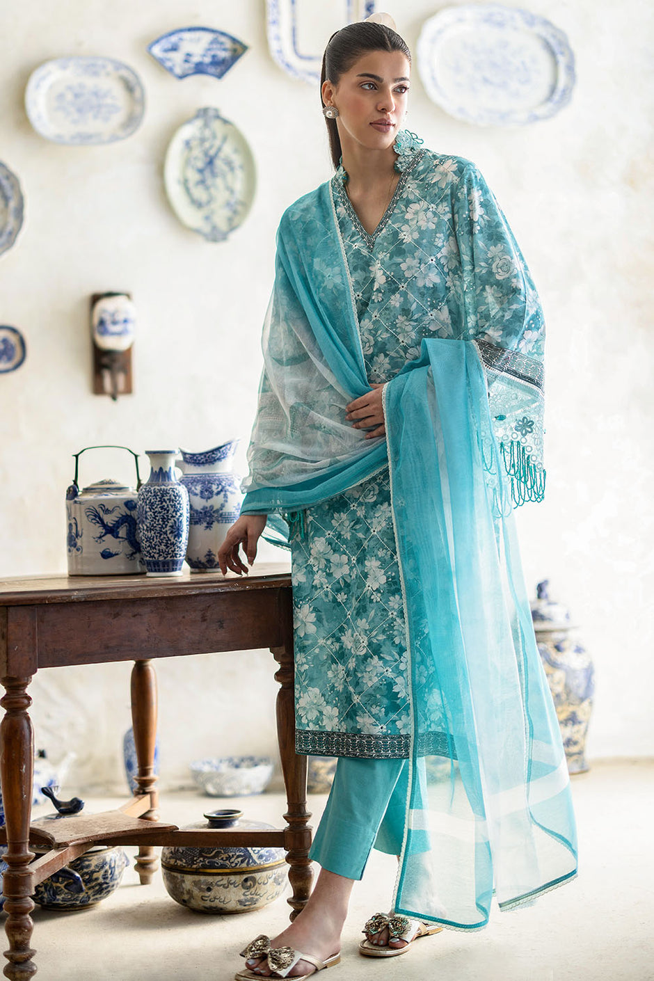 3 Piece Embroidered Printed Lawn Suit with Cotton Net Dupatta and Borders
