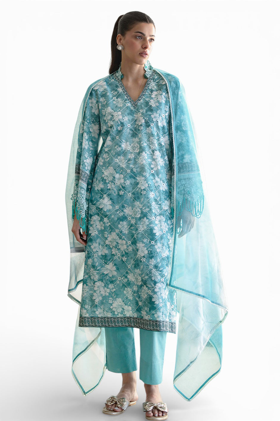 3 Piece Embroidered Printed Lawn Suit with Cotton Net Dupatta and Borders