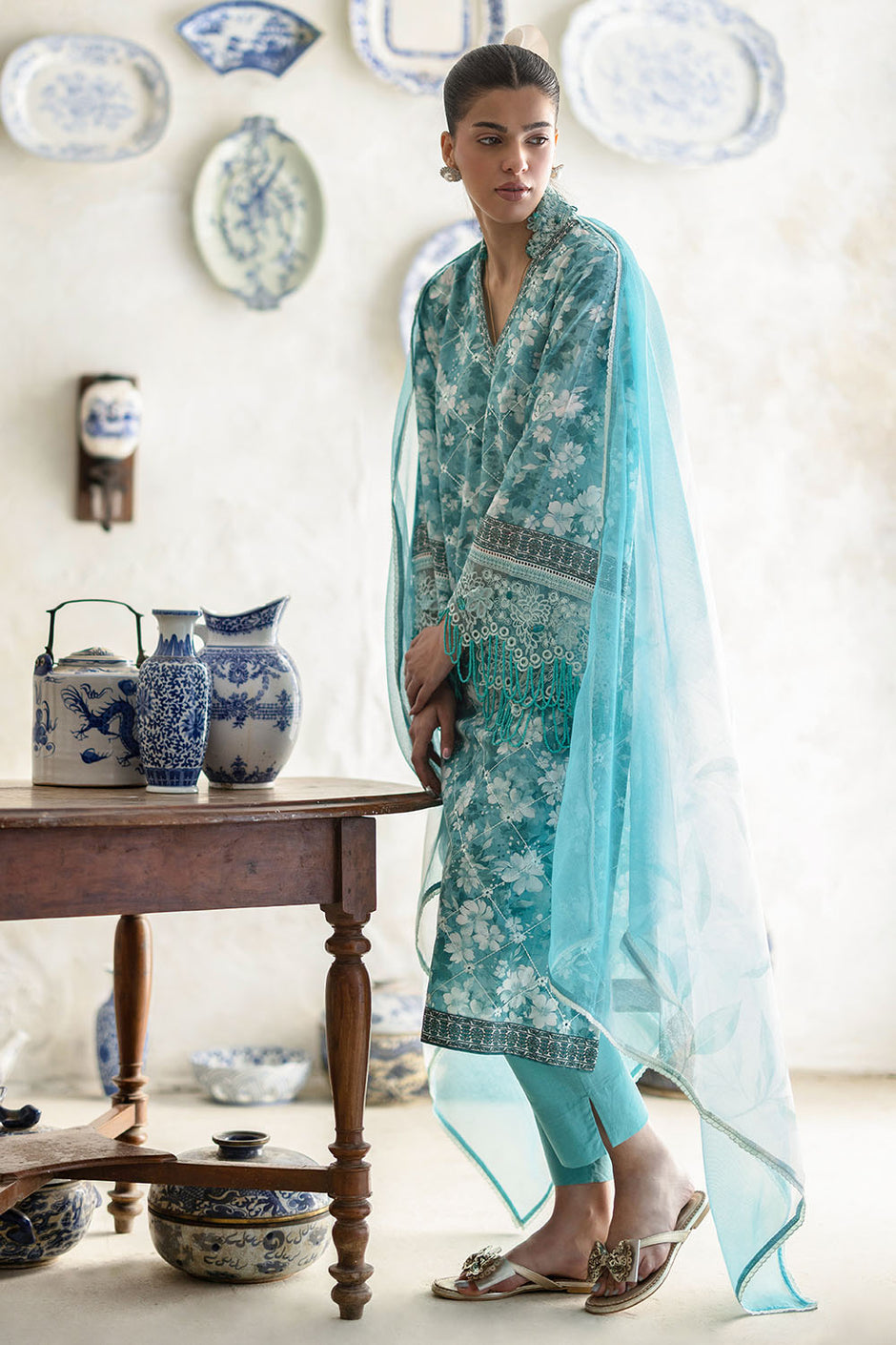 3 Piece Embroidered Printed Lawn Suit with Cotton Net Dupatta and Borders