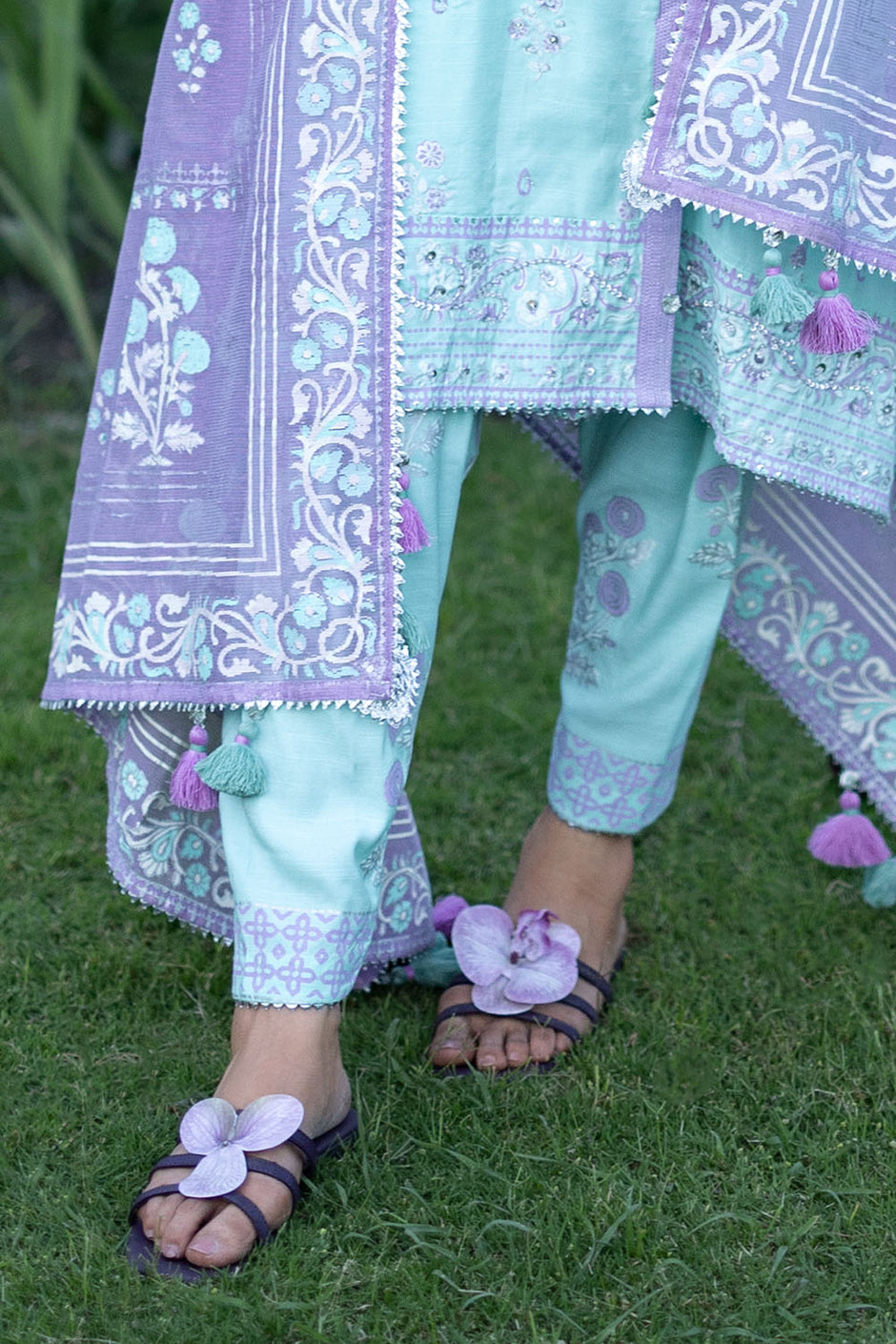 3 Piece Gold and Lacquer Printed Raw Silk Suit with Handwork Details and Gold and Lacquer Printed Cotton Net Dupatta
