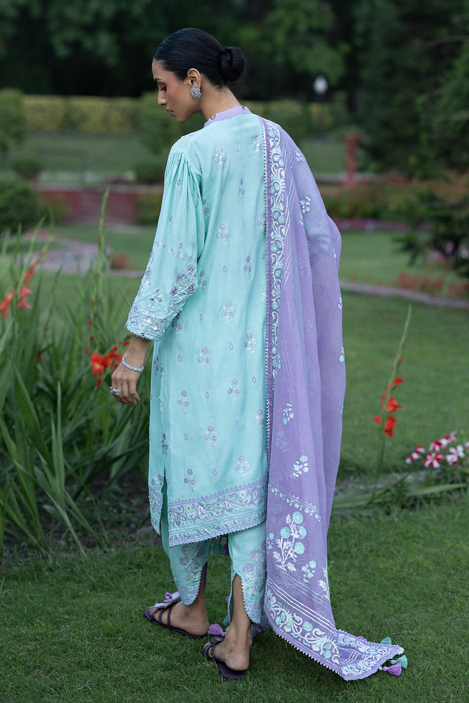 3 Piece Gold and Lacquer Printed Raw Silk Suit with Handwork Details and Gold and Lacquer Printed Cotton Net Dupatta
