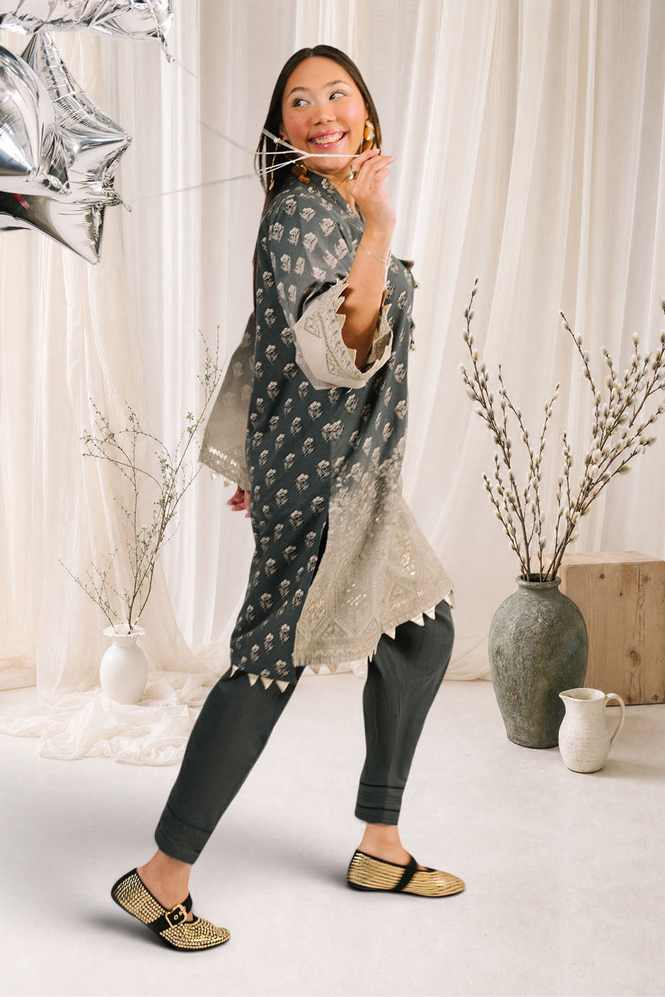 3 Piece Embroidered Printed Cotton Suit with Printed Denting Lawn Dupatta