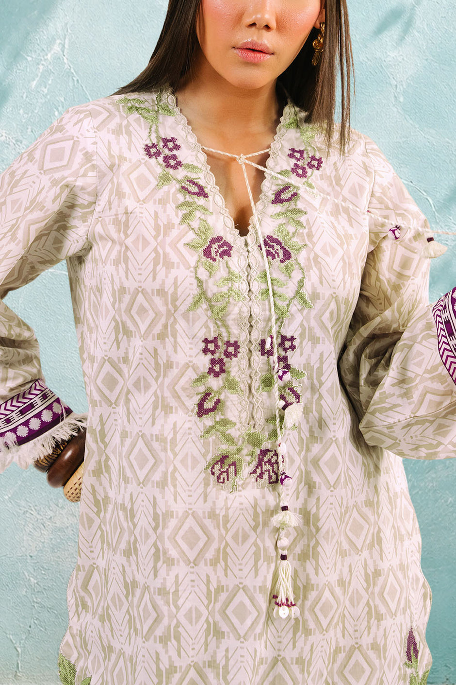 3 Piece Printed Cotton Suit with Printed Denting Lawn Dupatta and Embroidered Neckline and Motifs