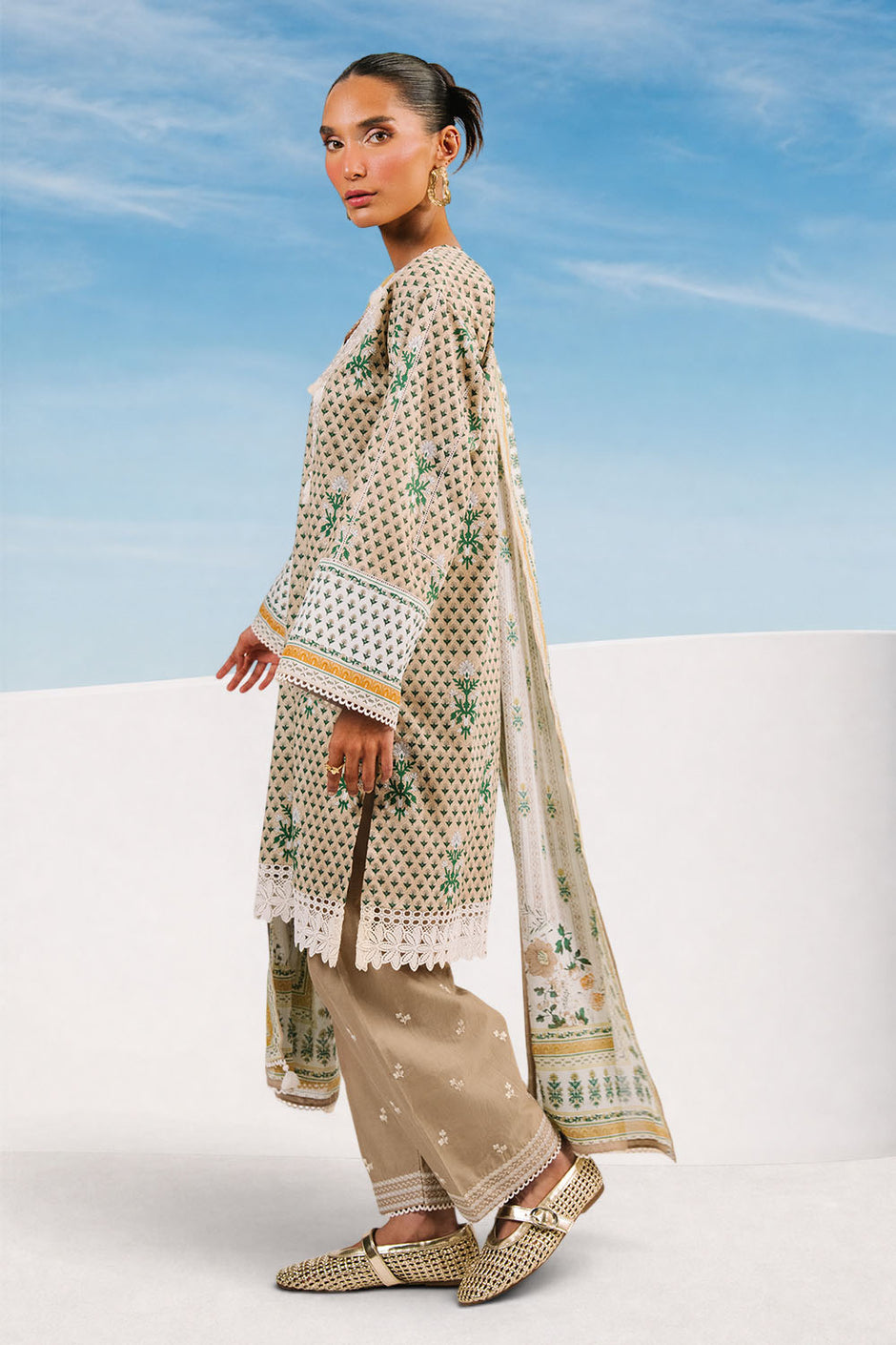 3 Piece Printed Cotton Suit with Printed Denting Lawn Dupatta and Embroidered Neckline and Embroidered Trouser