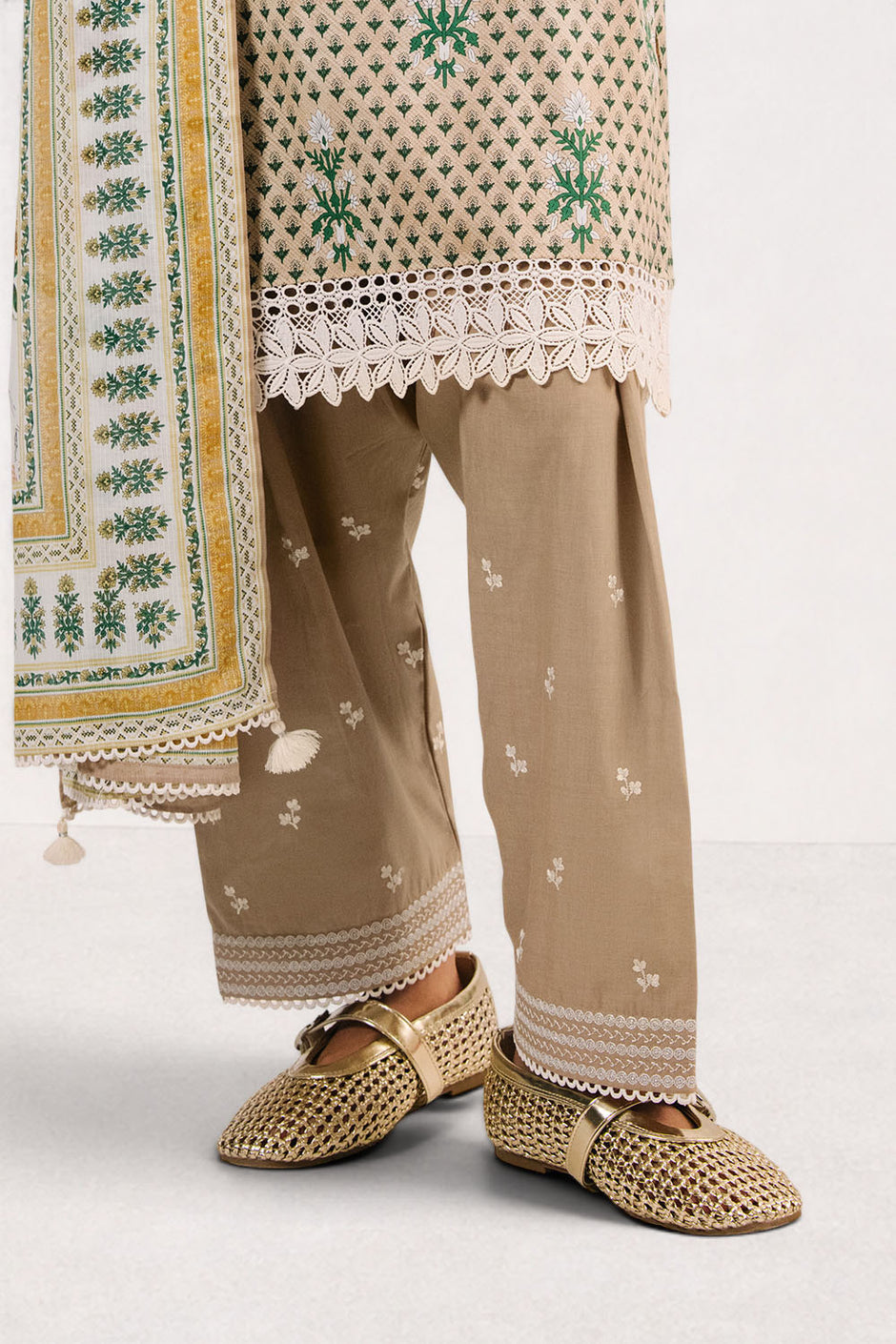 3 Piece Printed Cotton Suit with Printed Denting Lawn Dupatta and Embroidered Neckline and Embroidered Trouser