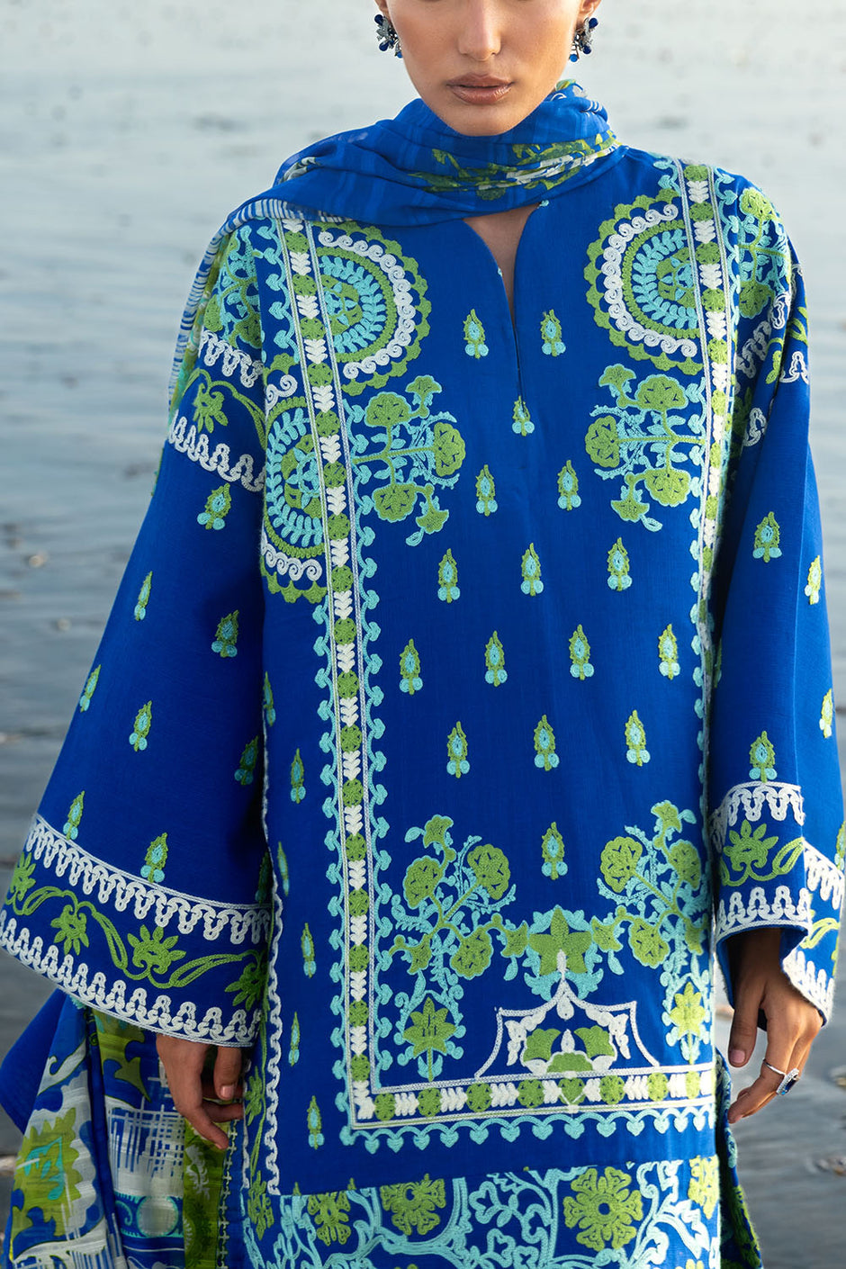 3 Piece Embroidered Khaddar Suit with Stripe Dupatta and Border