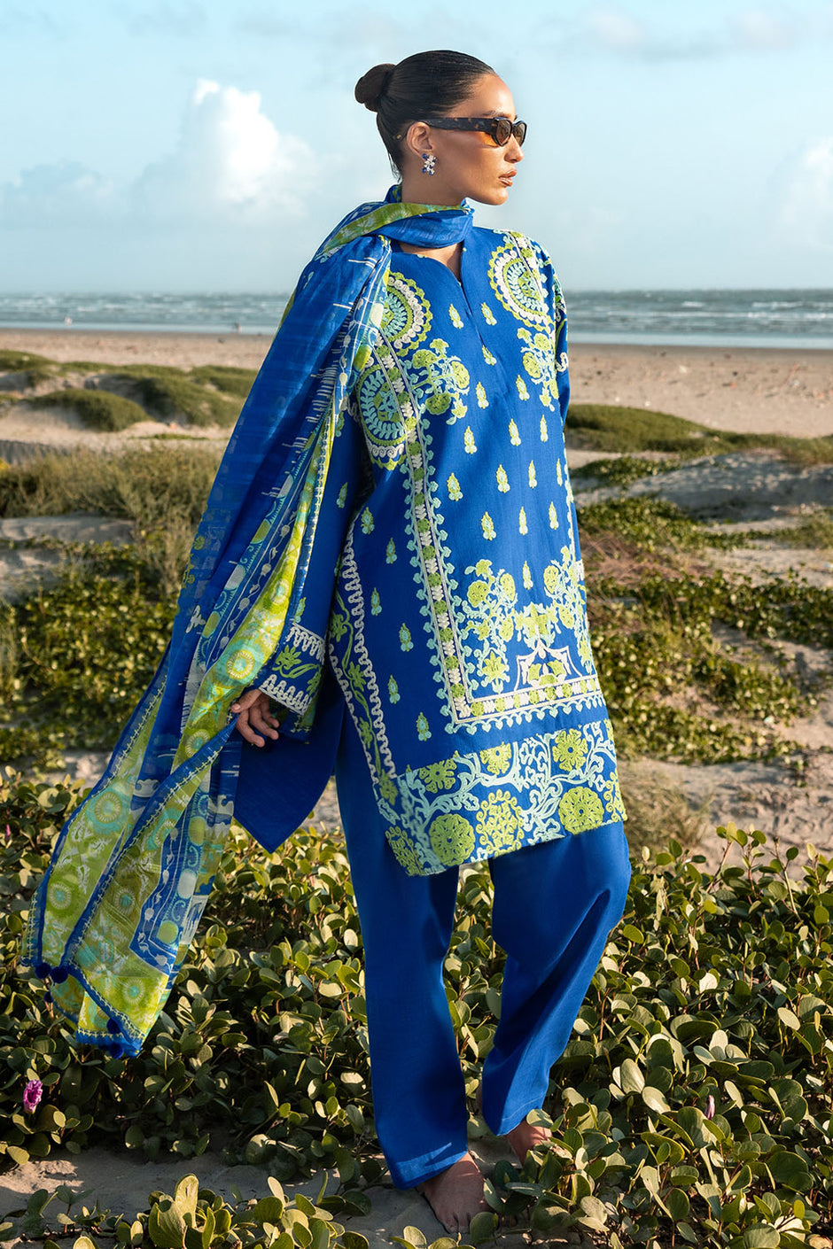 3 Piece Embroidered Khaddar Suit with Stripe Dupatta and Border