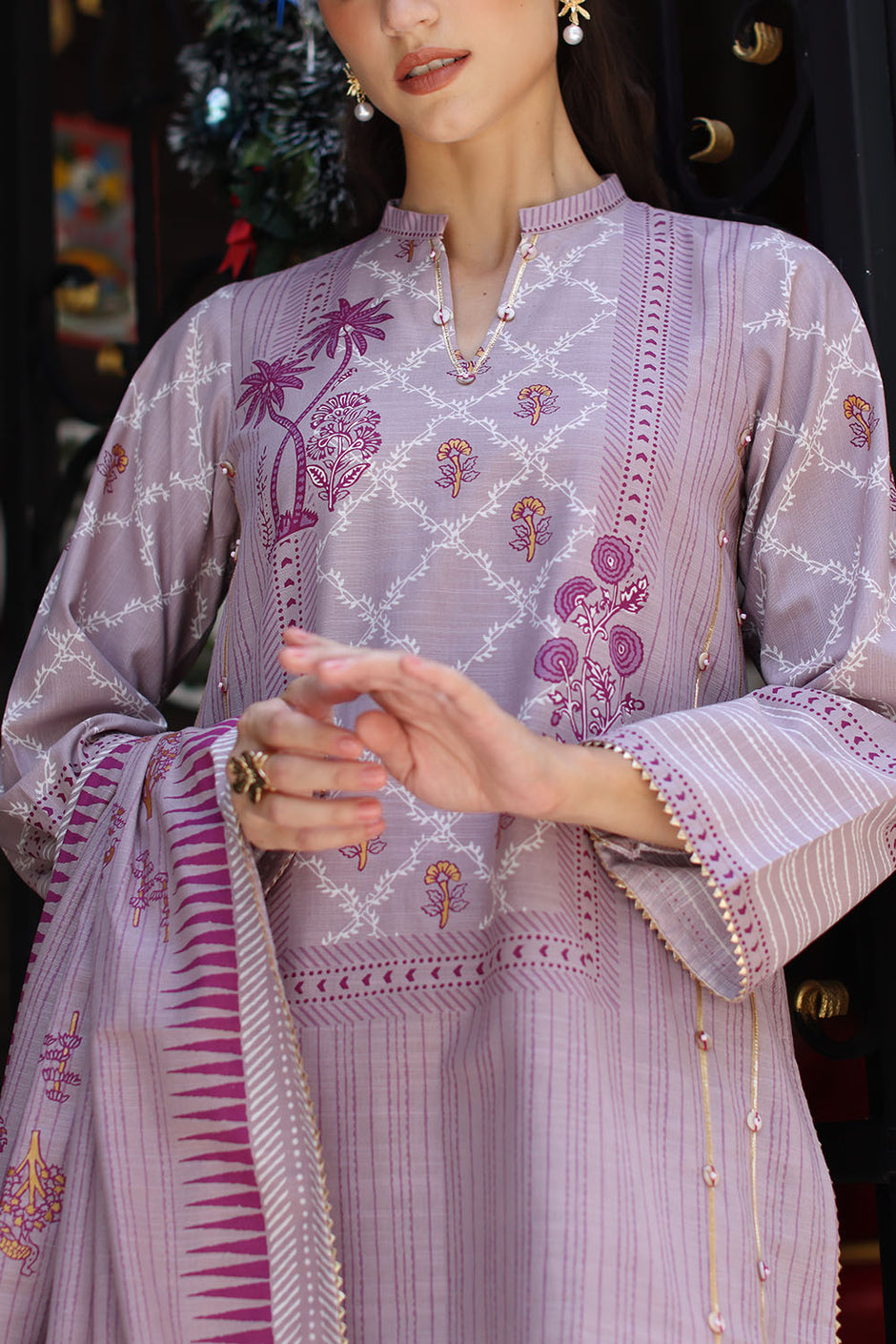 3 Piece Gold Printed Khaddar Suit with Gold Printed Khaddar Dupatta