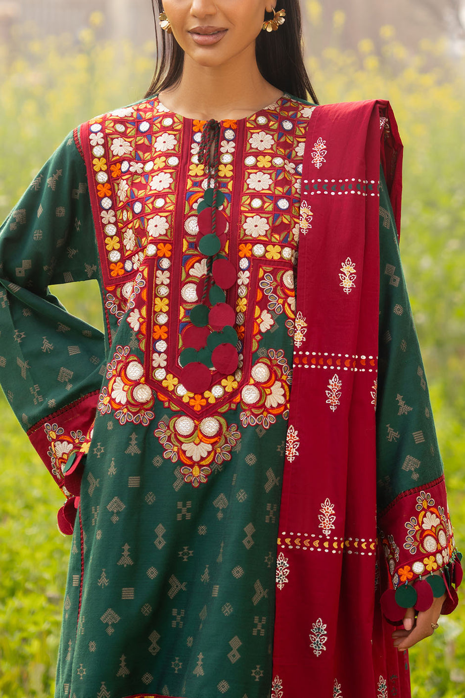 3 Piece Jacquard Suit with Silver Printed Dupatta and Embroidered Neckline and Accessories