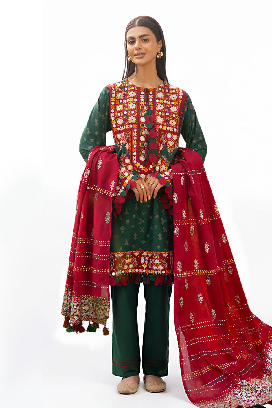 3 Piece Jacquard Suit with Silver Printed Dupatta and Embroidered Neckline and Accessories