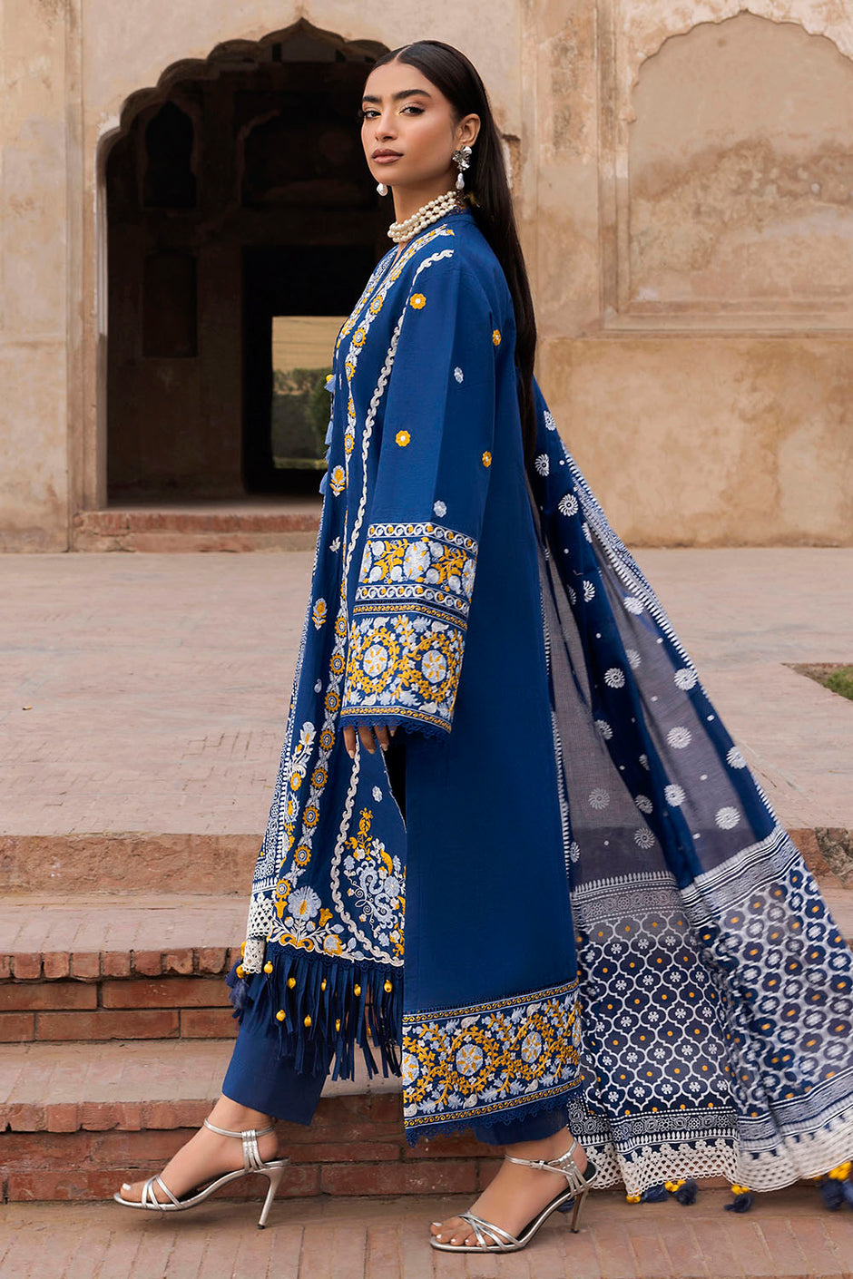 3 Piece Embroidered Lawn Suit with Lacquer Printed Denting Dupatta