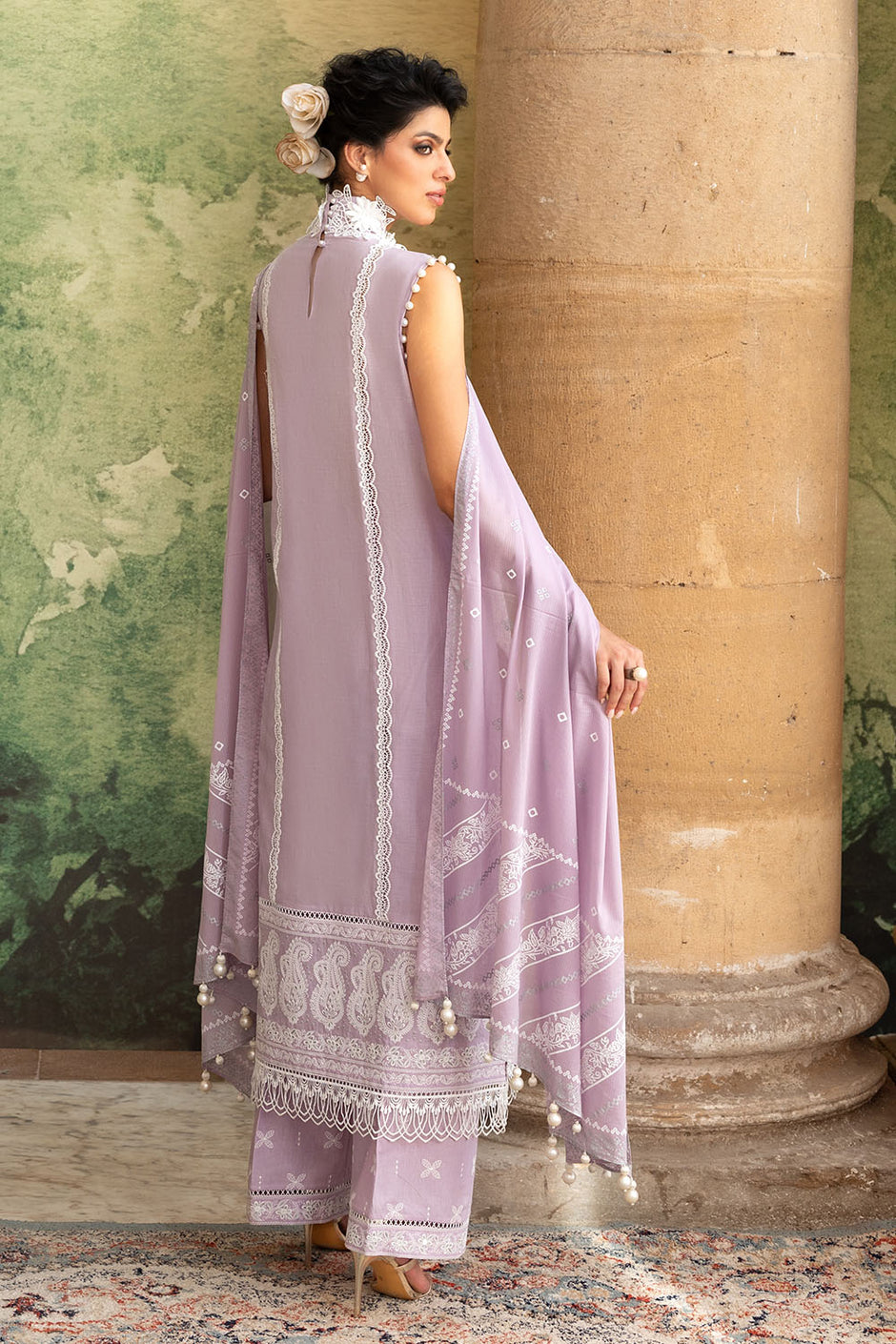 3 Piece Zari & Sequins Embroidered Lawn Suit with Silver & Lacquer Printed Dupatta