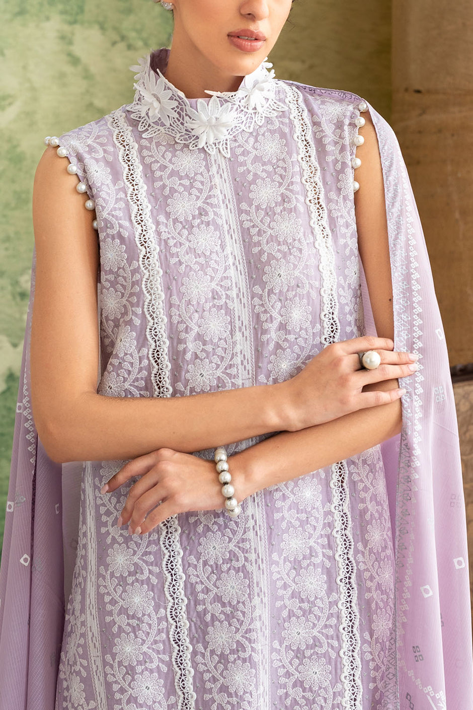 3 Piece Zari & Sequins Embroidered Lawn Suit with Silver & Lacquer Printed Dupatta