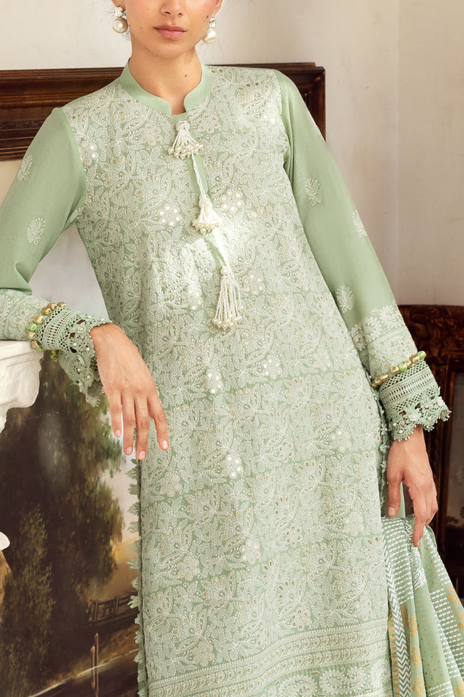 3 Piece Zari & Sequins Embroidered Lawn Suit with Gold & Lacquer Printed Dupatta