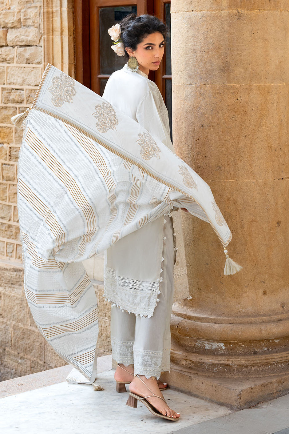 3 Piece Zari & Sequins Embroidered Lawn Suit with Borders and Printed Dupatta