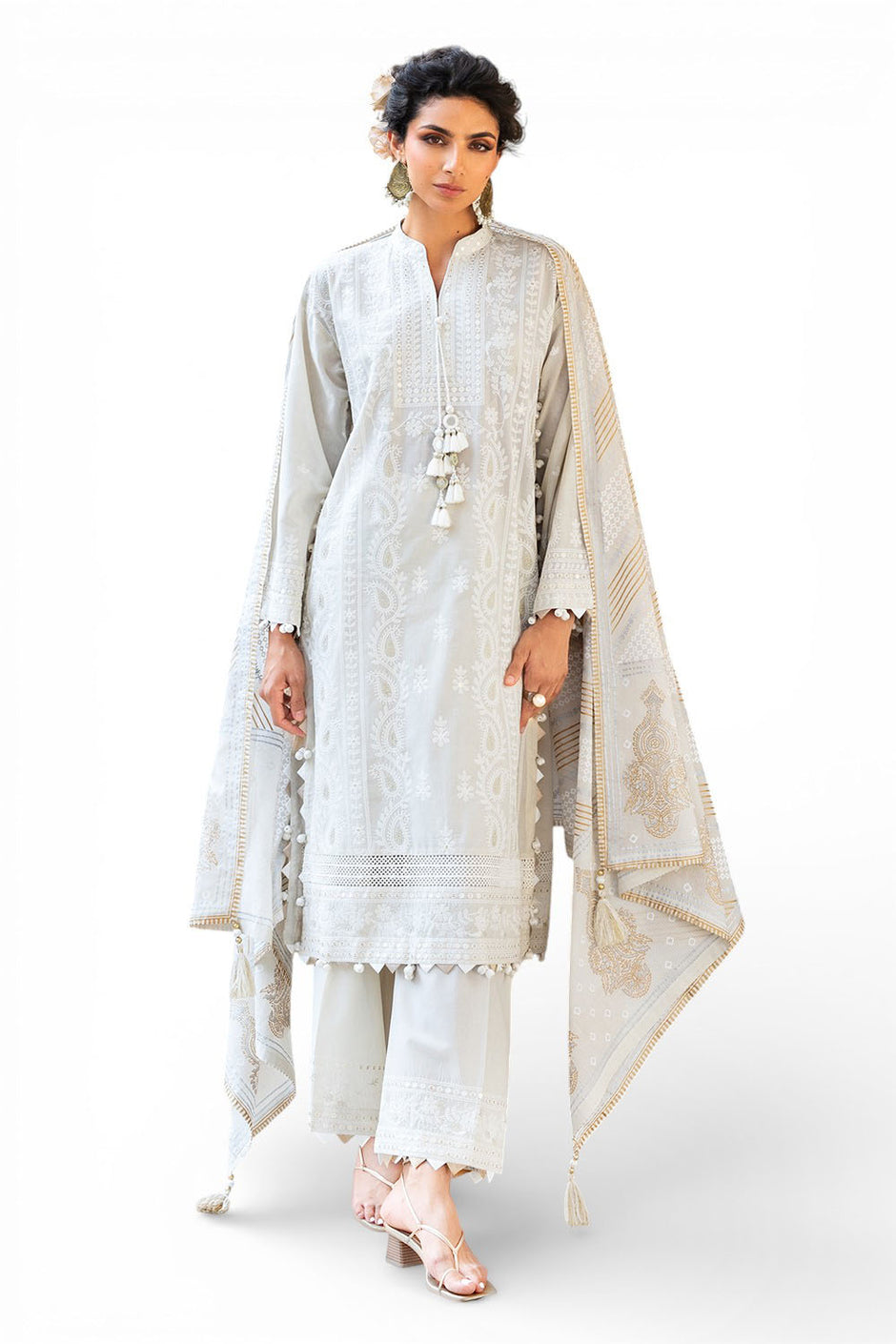 3 Piece Zari & Sequins Embroidered Lawn Suit with Borders and Printed Dupatta