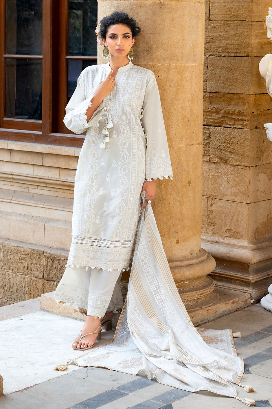 3 Piece Zari & Sequins Embroidered Lawn Suit with Borders and Printed Dupatta