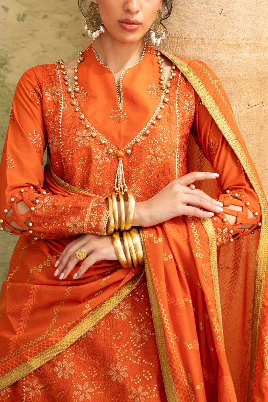 3 Piece Zari & Sequins Embroidered Lawn Suit with Gold & Lacquer Printed Dupatta
