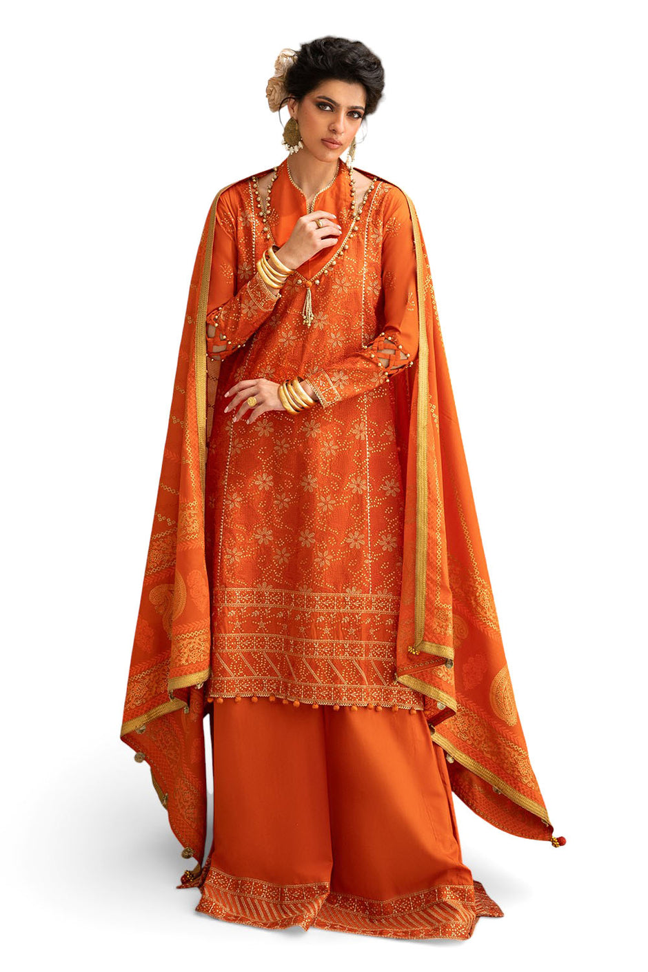 3 Piece Zari & Sequins Embroidered Lawn Suit with Gold & Lacquer Printed Dupatta DN-52041