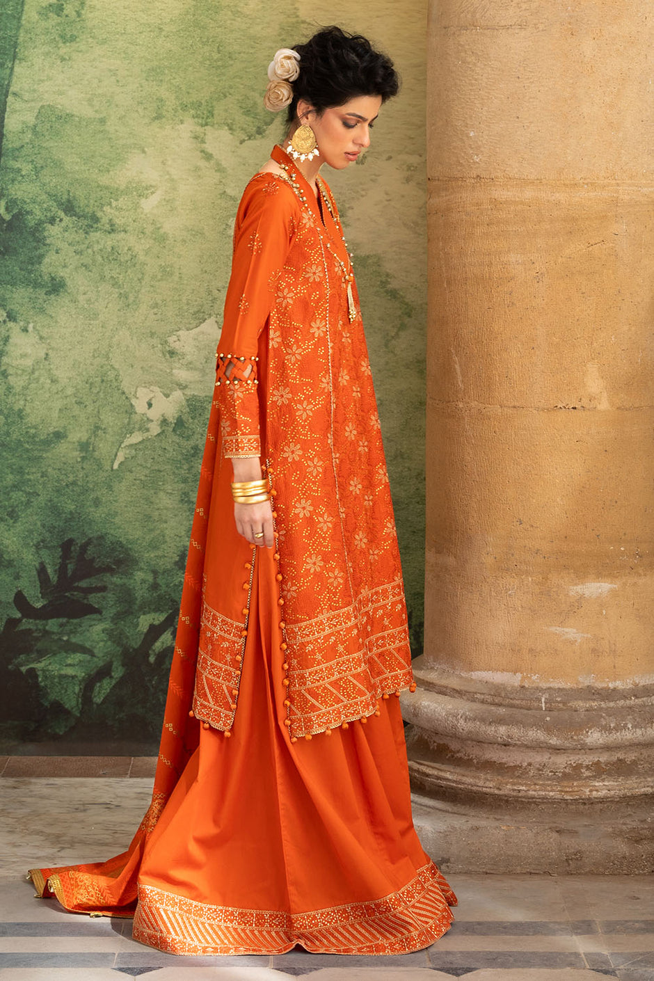 3 Piece Zari & Sequins Embroidered Lawn Suit with Gold & Lacquer Printed Dupatta