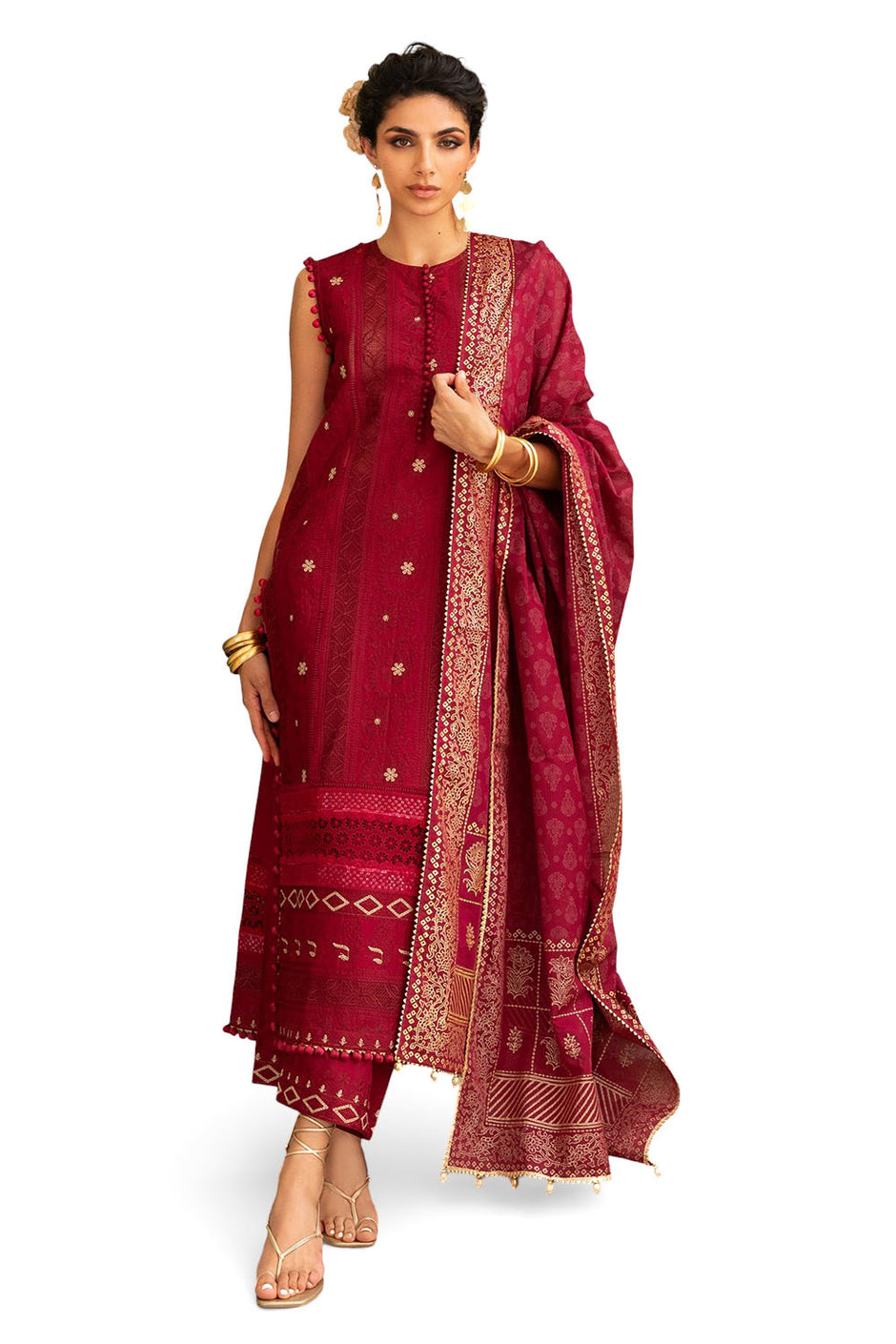 3 Piece Zari & Sequins Embroidered Lawn Suit with Gold & Lacquer Printed Dupatta DN-52040