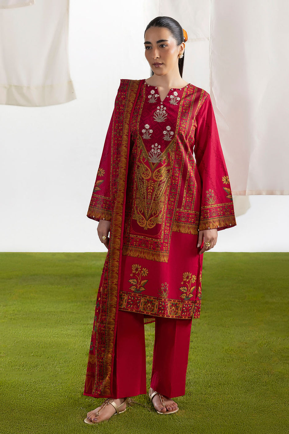 3 Piece Embroidered Printed Lawn Suit with Printed Lawn Dupatta
