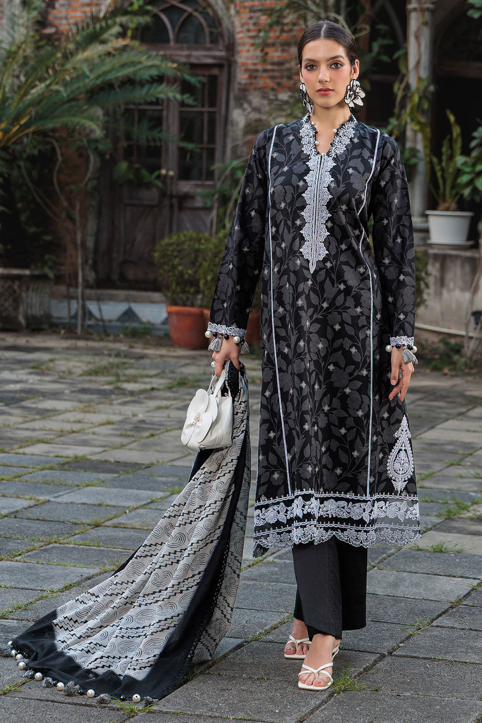 3 Piece Printed Lawn Suit with Embroidered Neckline, Borders and Lace
