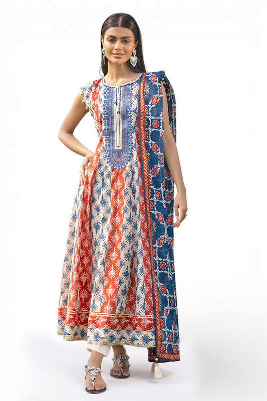 3 Piece Printed Lawn Suit with Gold Printed Dupatta and Embroidered Neckline CL-52011