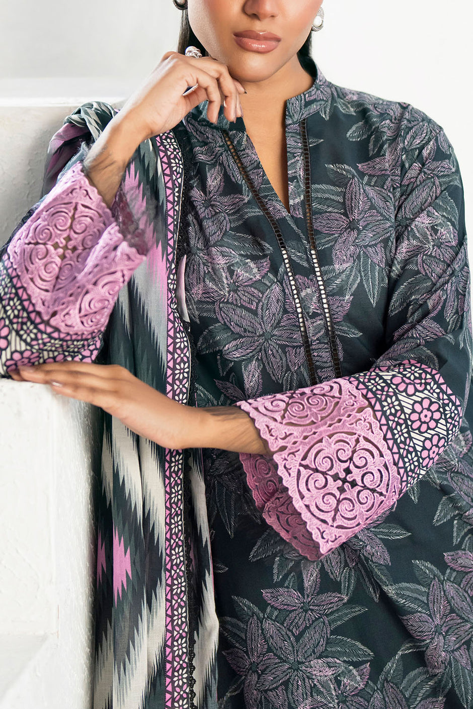 3 Piece Printed Lawn Suit with Embroidered Organza Sleeves