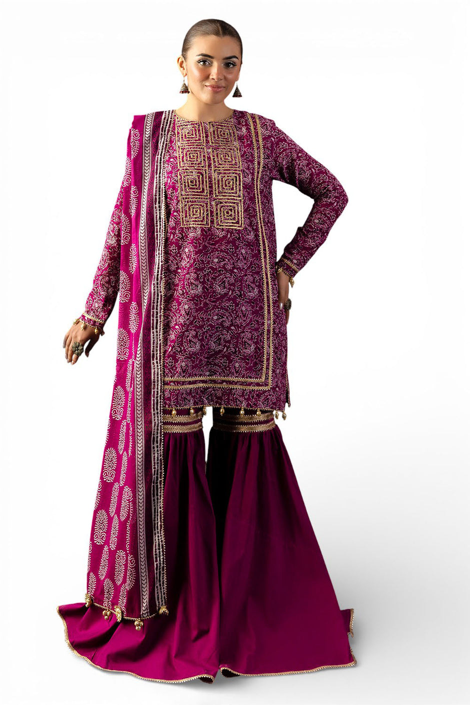 3 Piece Gota Embroidered Lawn Suit with Printed Lawn Dupatta
