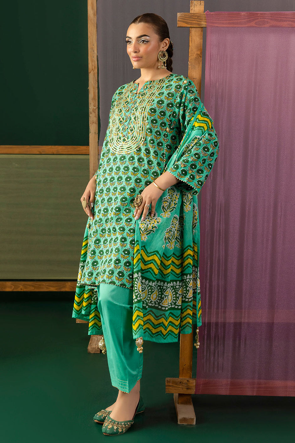 3 Piece Gota Embroidered Lawn Suit with Printed Lawn Dupatta