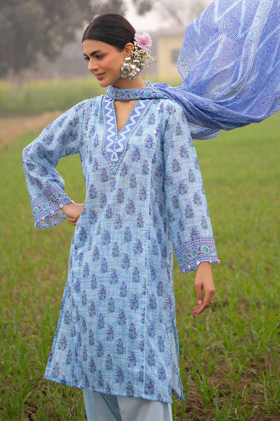 3 Piece Printed Lawn Suit with Embroidered Neckline