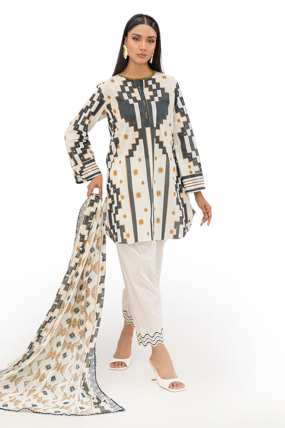 3 Piece Embroidered Printed Lawn Suit with Printed Lawn Dupatta and Dyed Trouser