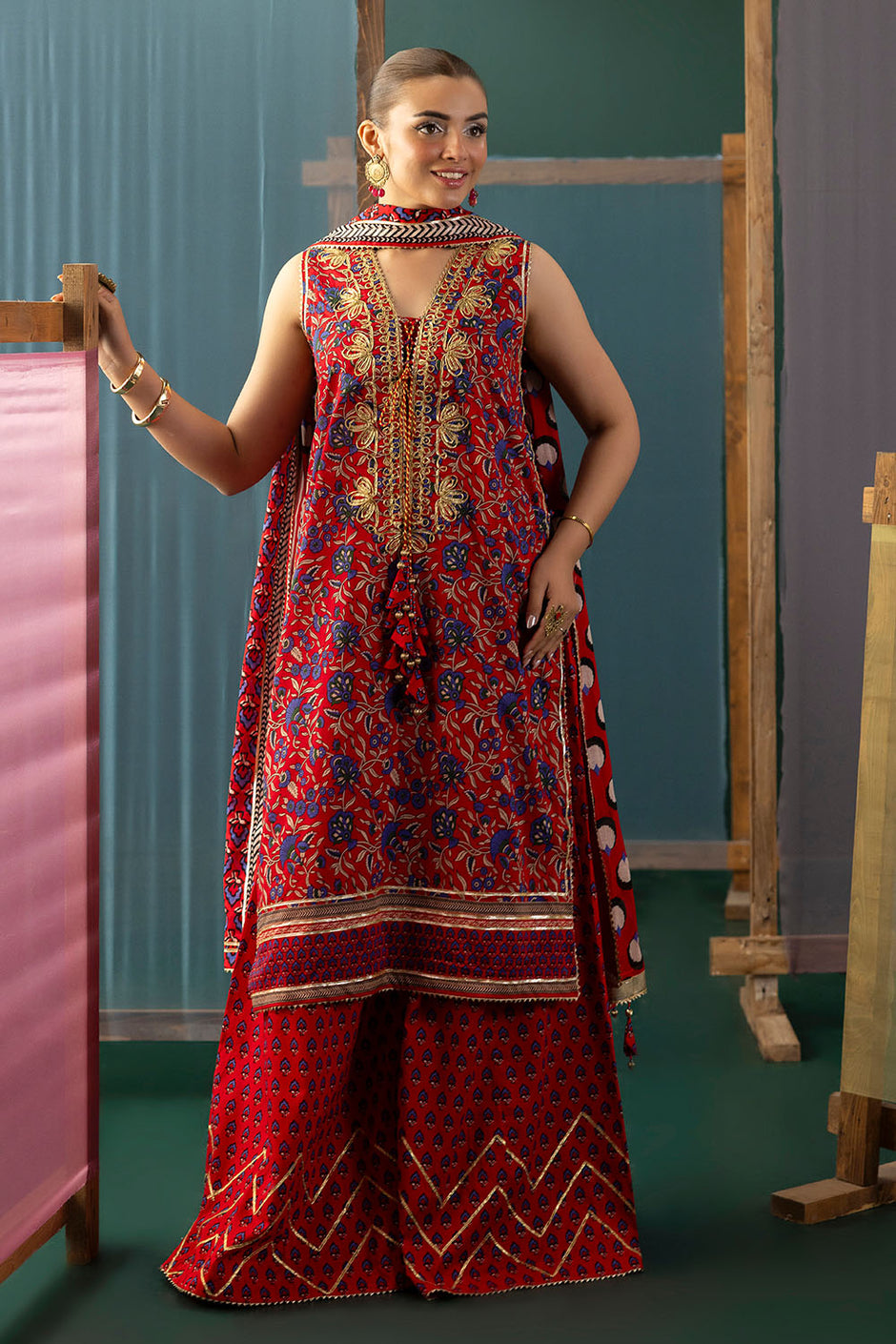 3 Piece Gota Embroidered Lawn Suit with Printed Lawn Dupatta