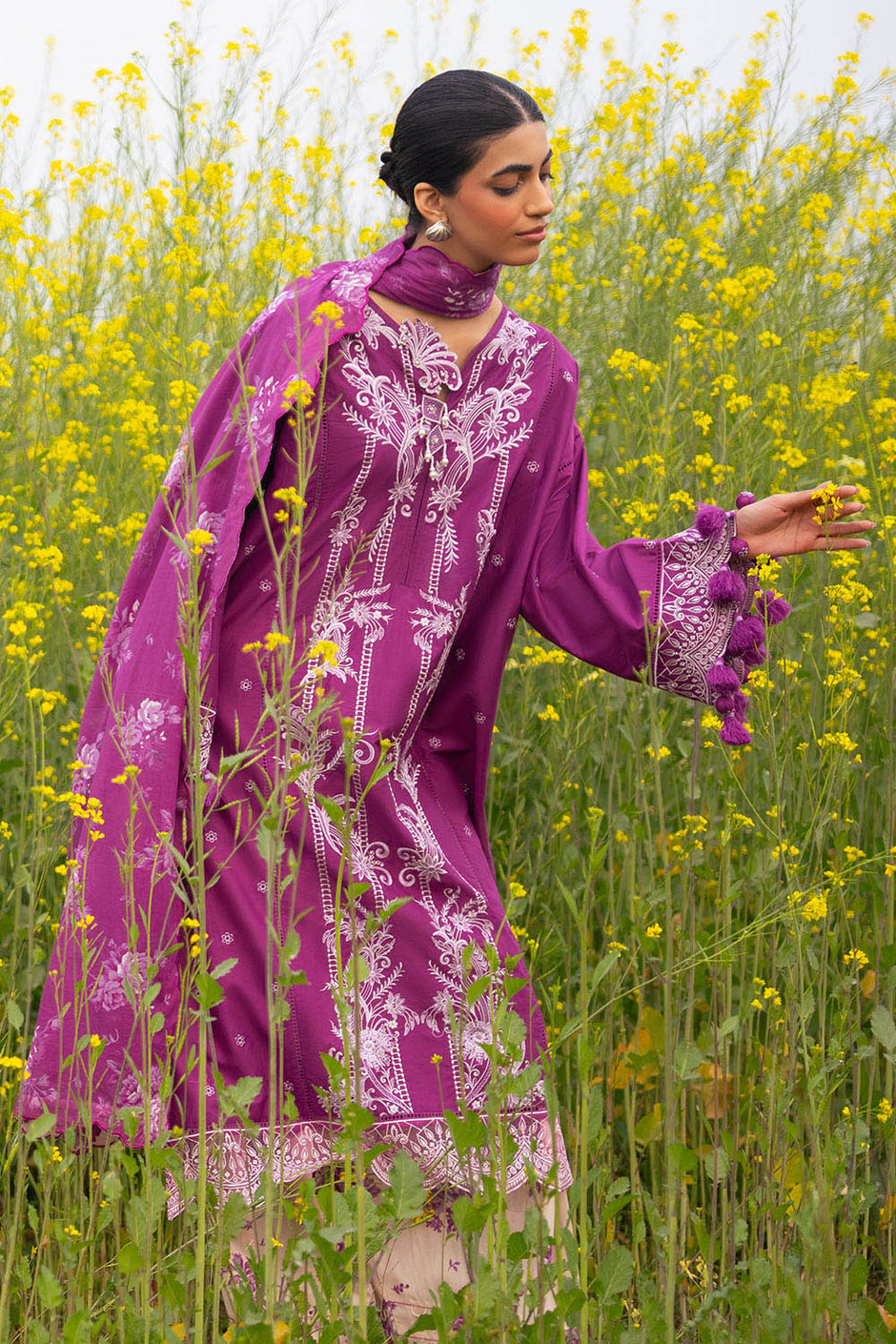 3 Piece Embroidered Lawn Suit with Embroidered Borders and Printed Trouser