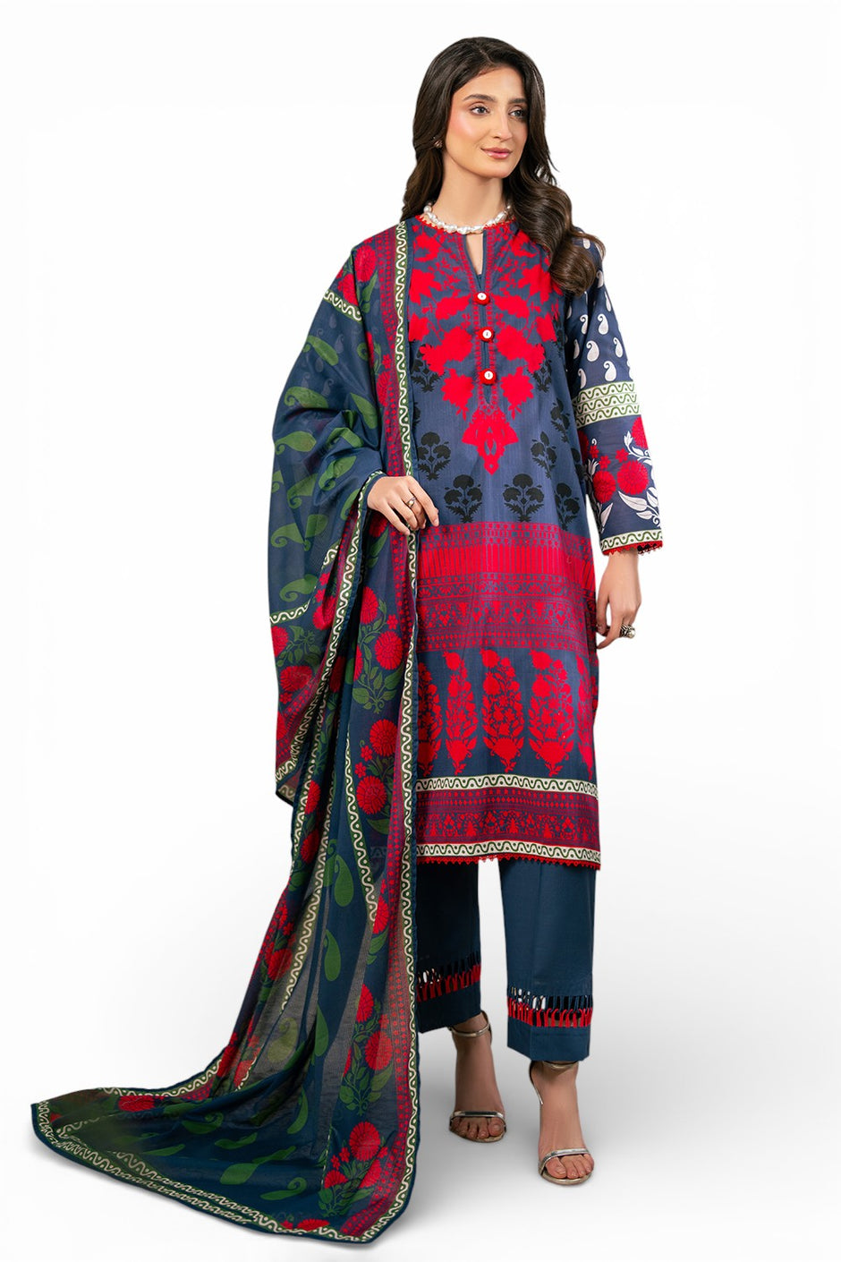 3 Piece Printed Cross Hatch Suit with Lawn Dupatta