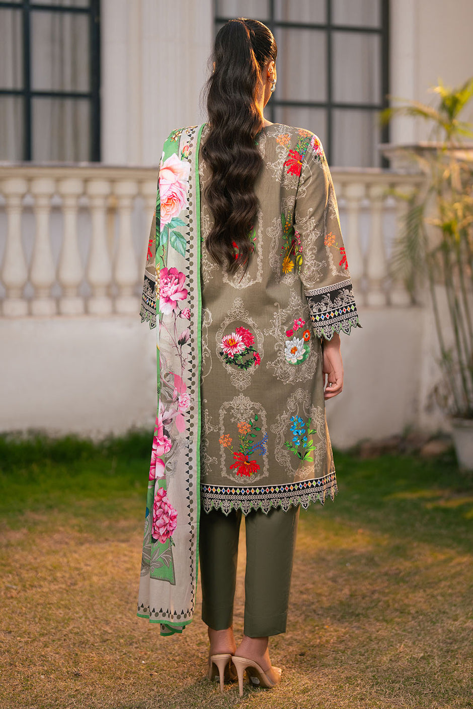 3 Piece Printed Cross Hatch Suit with Lawn Dupatta