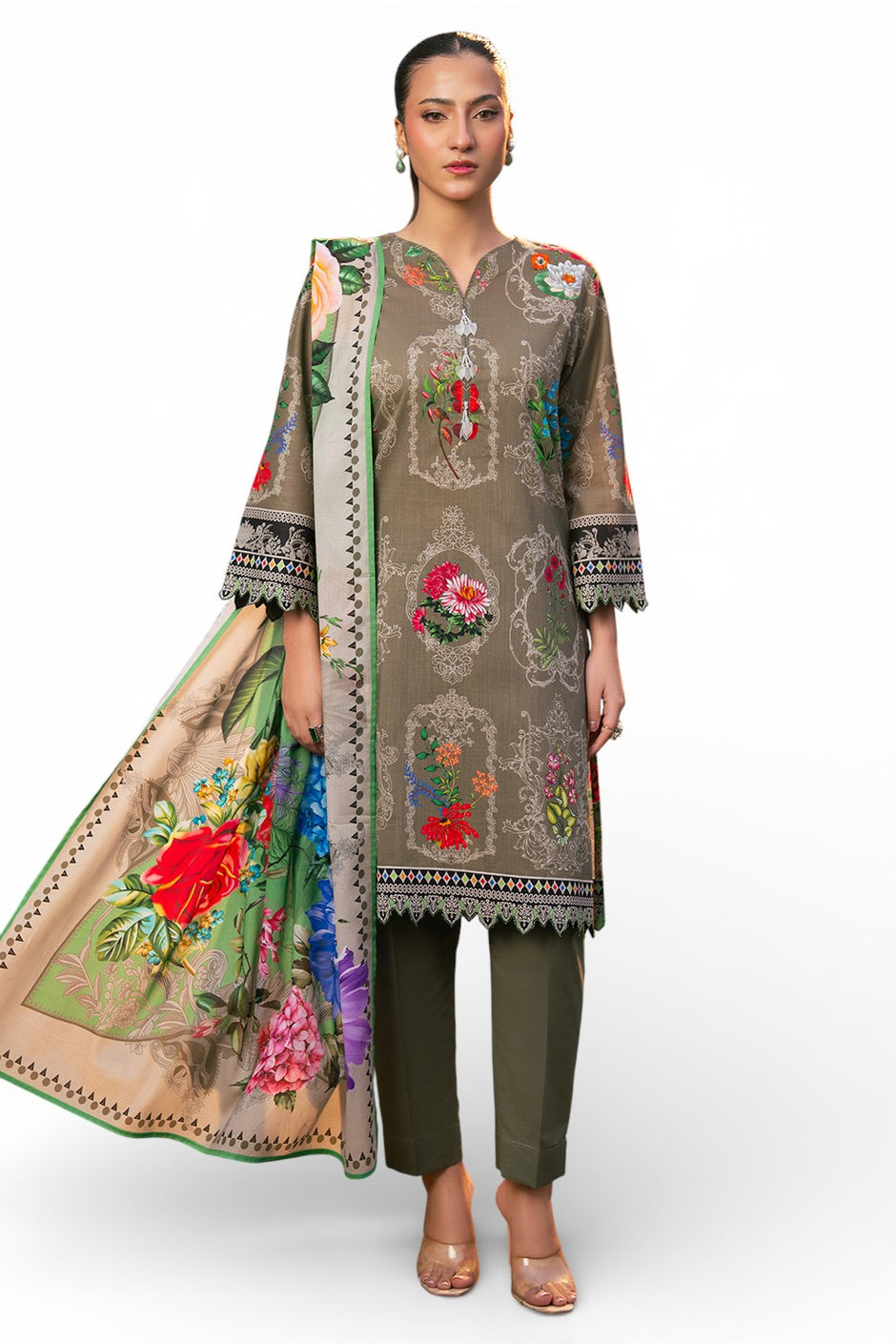 3 Piece Printed Cross Hatch Suit with Lawn Dupatta