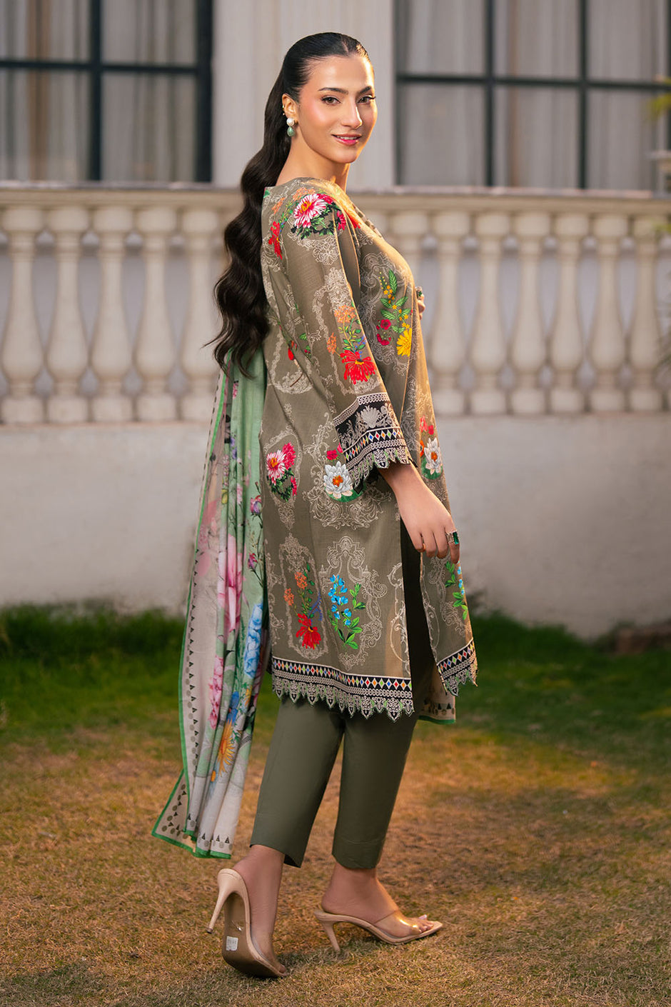 3 Piece Printed Cross Hatch Suit with Lawn Dupatta