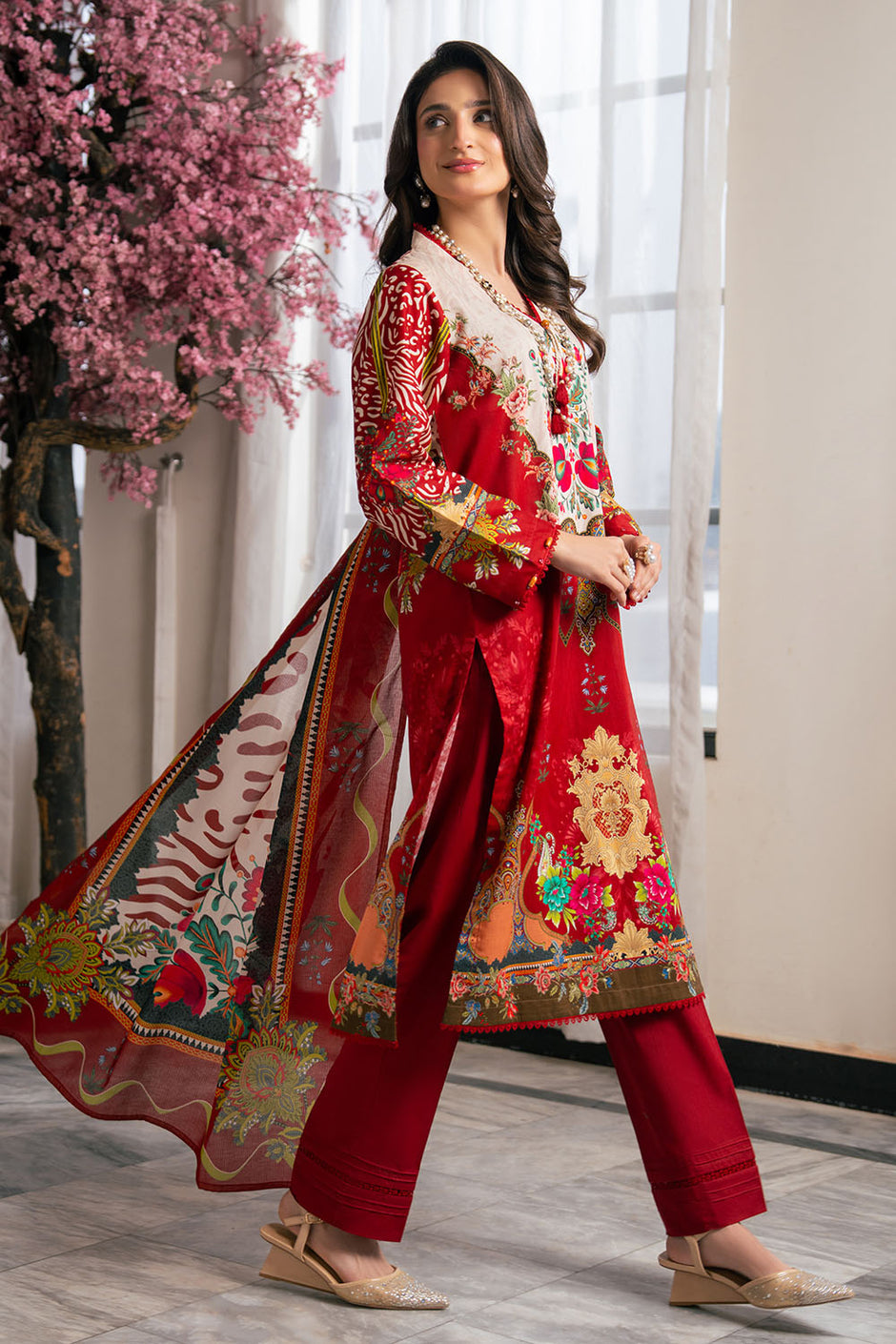 3 Piece Printed Cross Hatch Suit with Lawn Dupatta