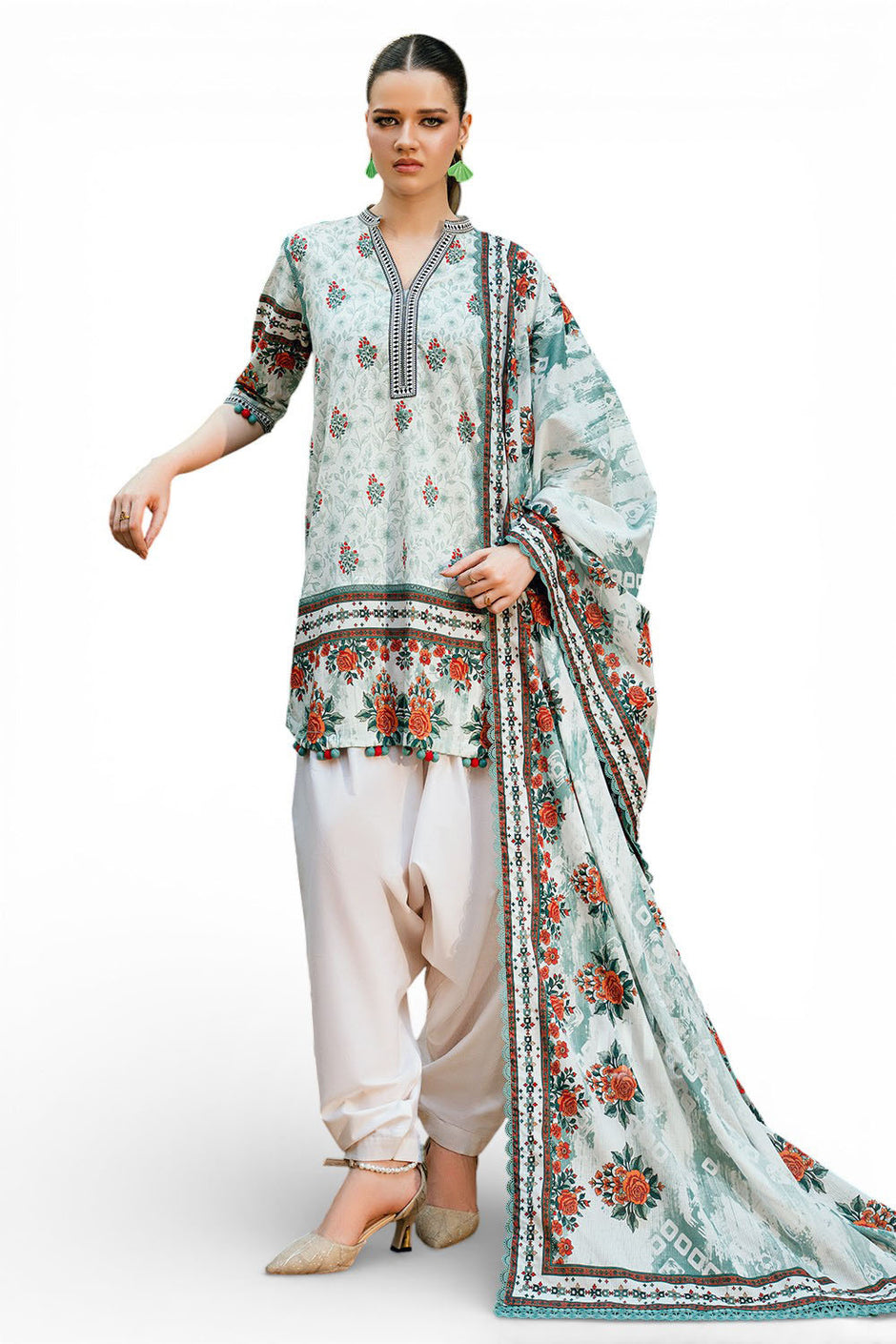 3 Piece Printed Cross Hatch Suit with Lawn Dupatta