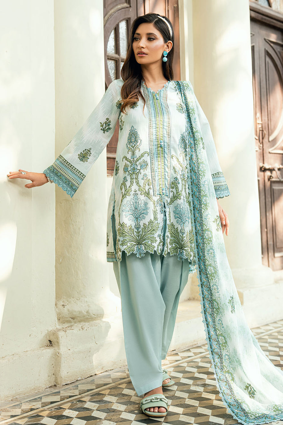 3 Piece Printed Cross Hatch Suit with Lawn Dupatta