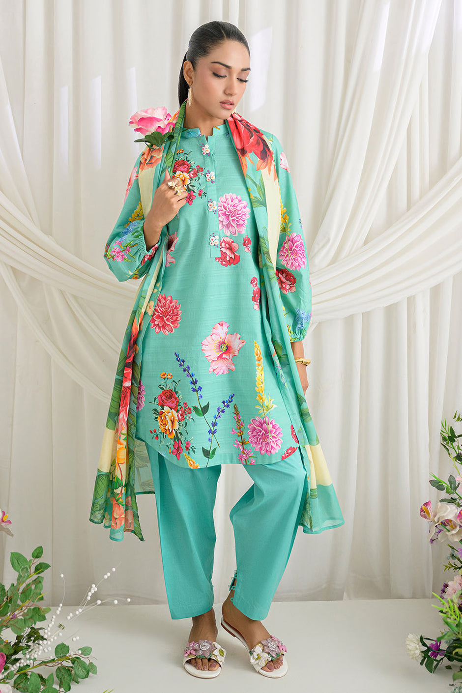 3 Piece Printed Dobby Suit with Printed Lawn Dupatta and Dyed Trouser