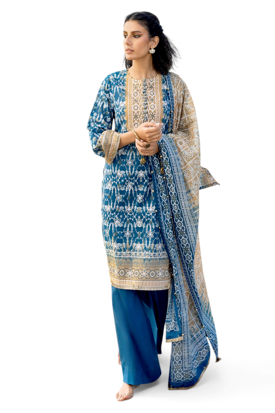 3 Piece Lacquer Printed Lawn Suit with Lacquer Printed Lawn Dupatta and Dyed Trouser CL-62022 A